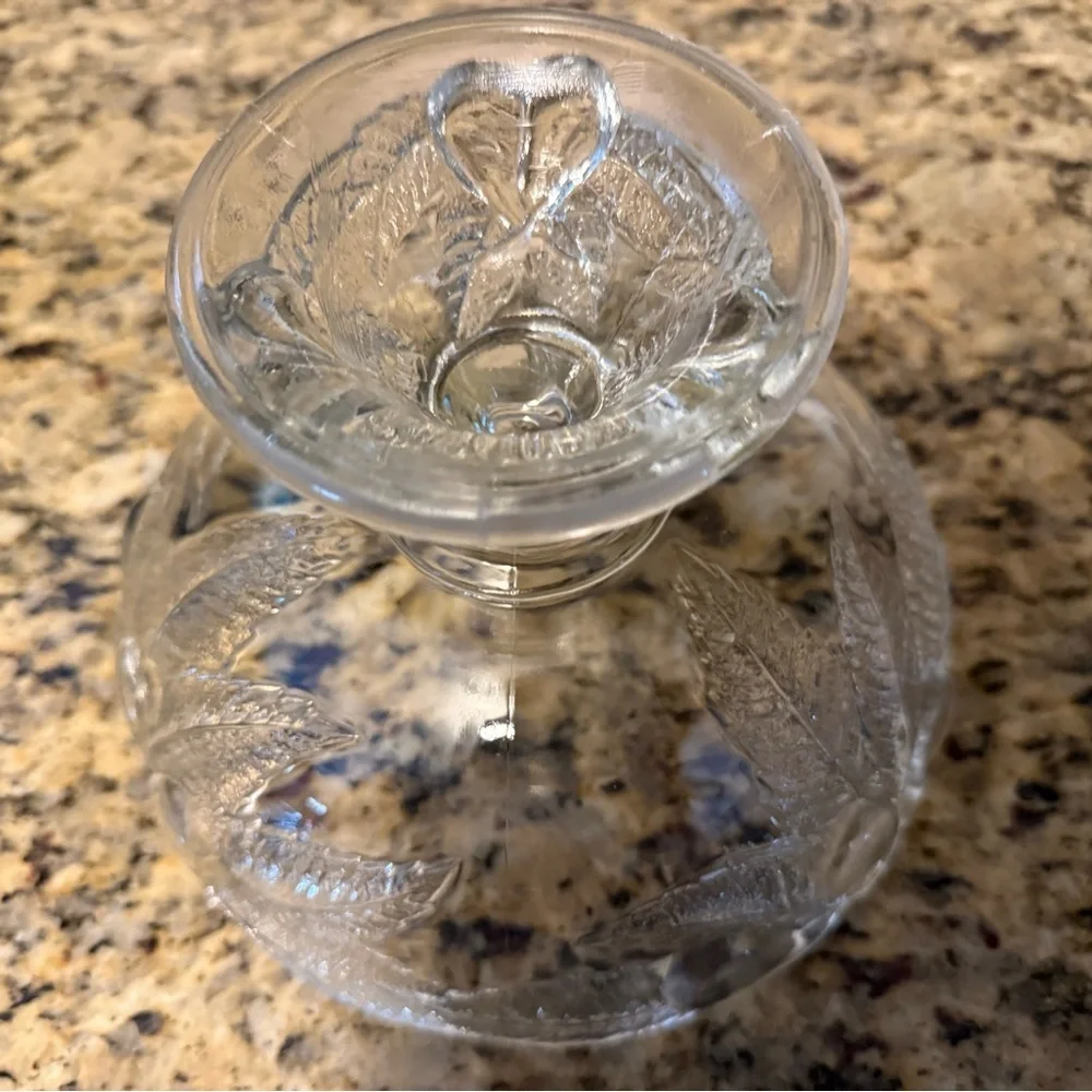 Vintage Teleflora 1985 Pedestal Compote Clear Fruit Bowl Pears & Leaf Pattern.